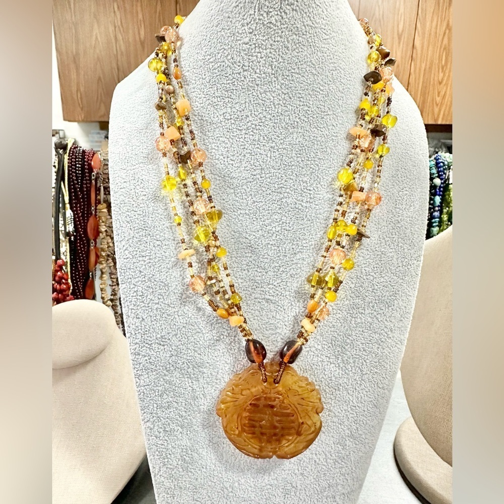 Vintage Faux Amber Chinese Pendant Seed Beaded Long Necklace